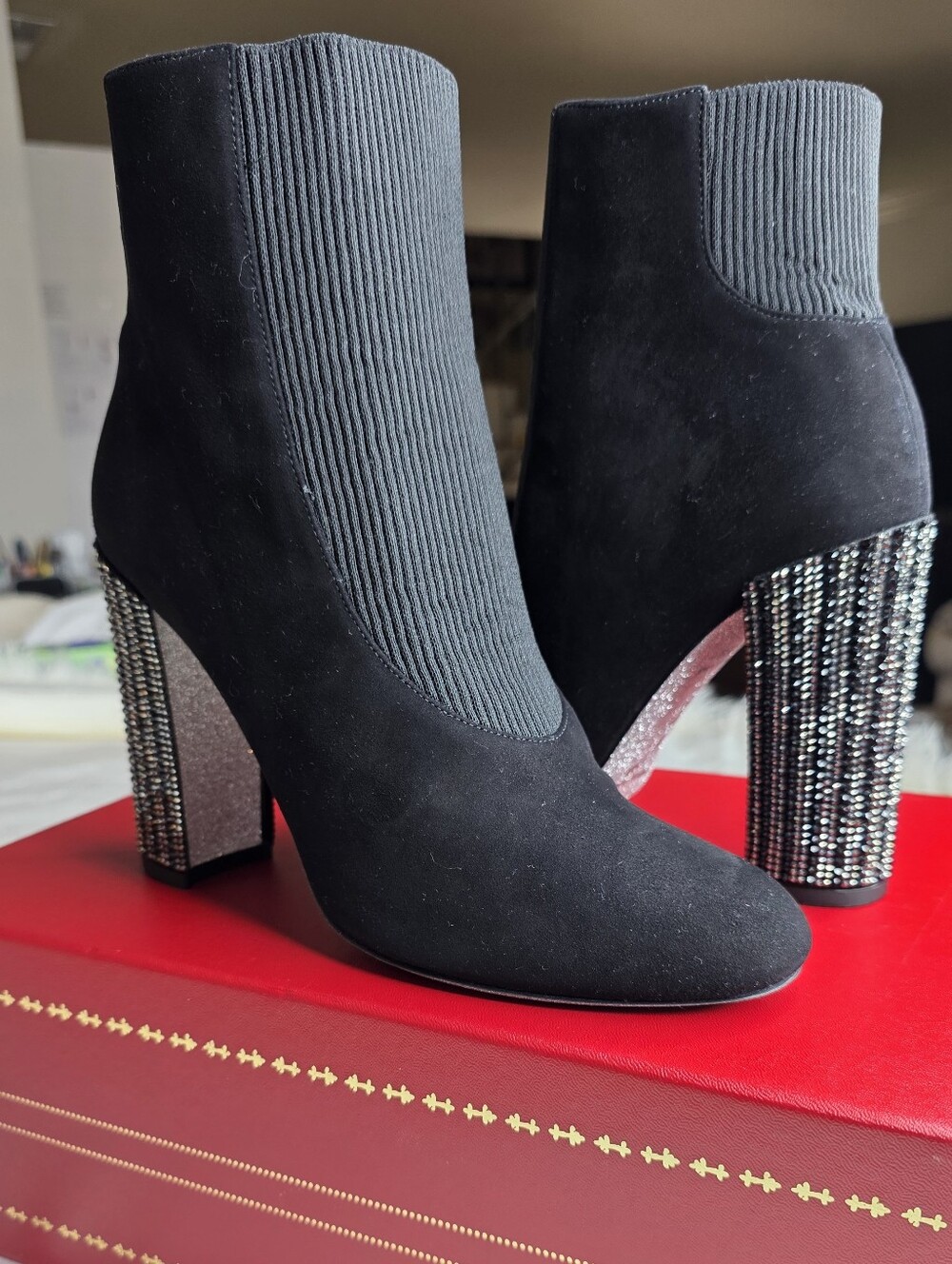 Rene Caovilla Black Suede Ankle Boot with Embellished Block Heel And Sole